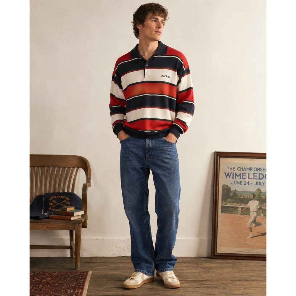 Vintage Striped Merino Wool Blend Polo Sweater Red White Navy Blue Drake Size L